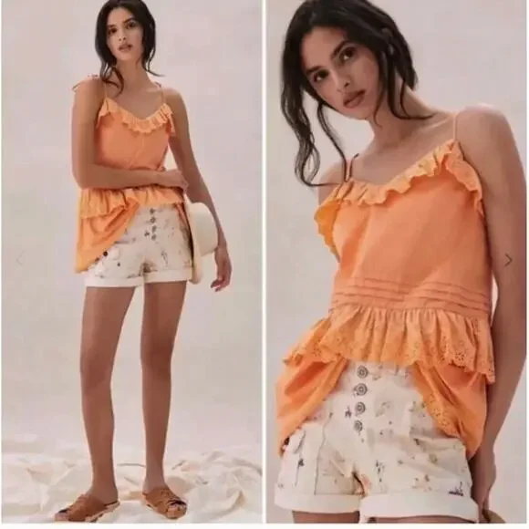 MARE MARE x ANTHROPOLOGIE Orange Tie-Strap Tiered Eyelet Top // M - Picture 3 of 10